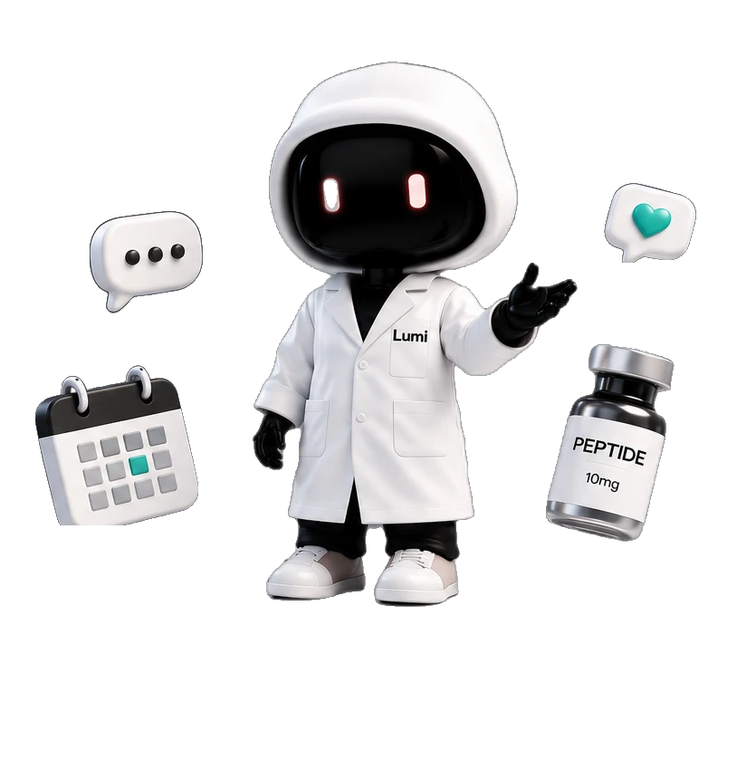 Lumi robot companion with calendar, peptide vial, and chat icons