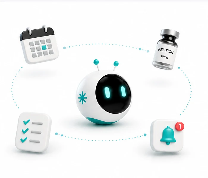 Lumi robot surrounded by calendar, vial, checklist, and reminder icons